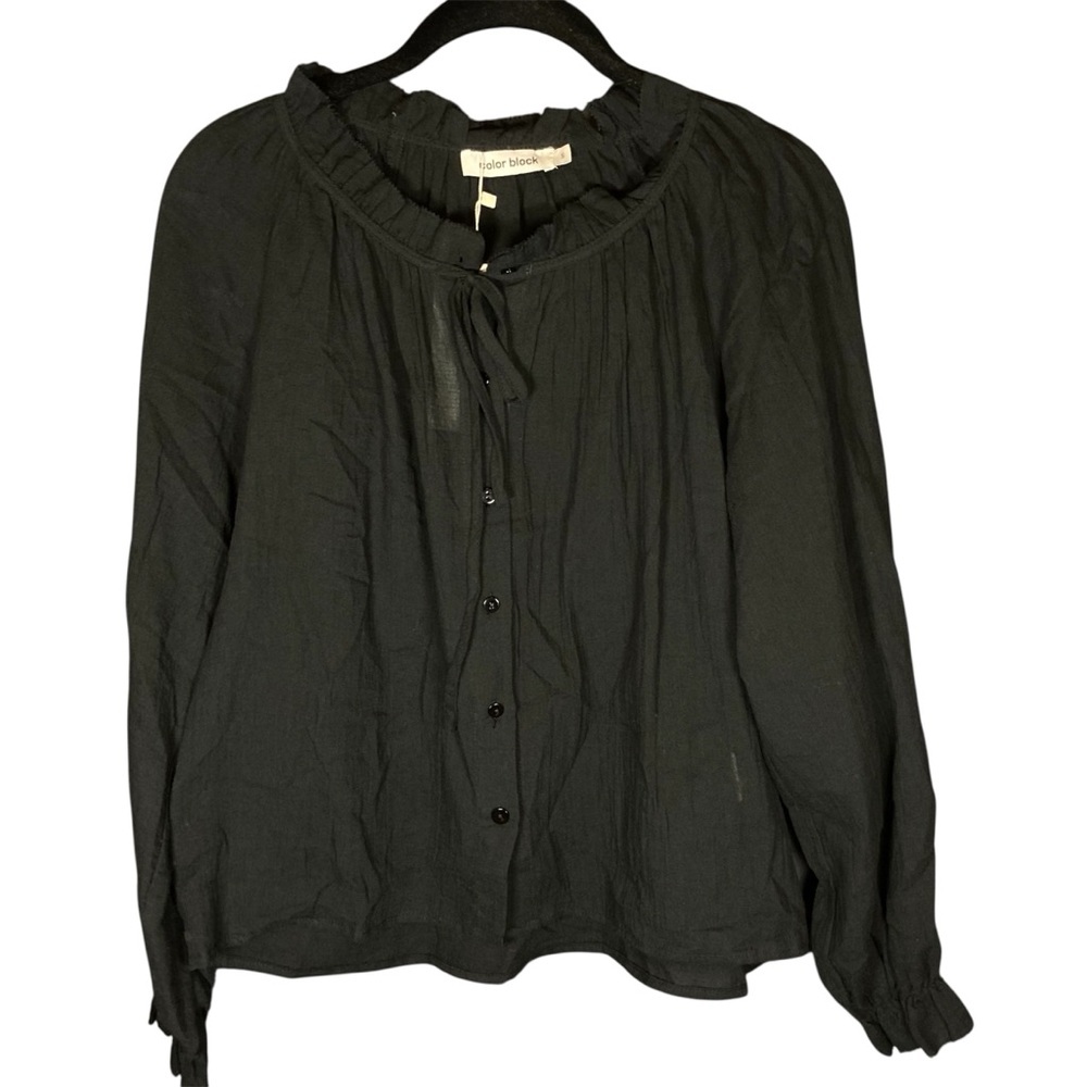 Color‎ Block Brand 100% Cotton Black Long Sleeved Ruffled Blouse | Lightweight